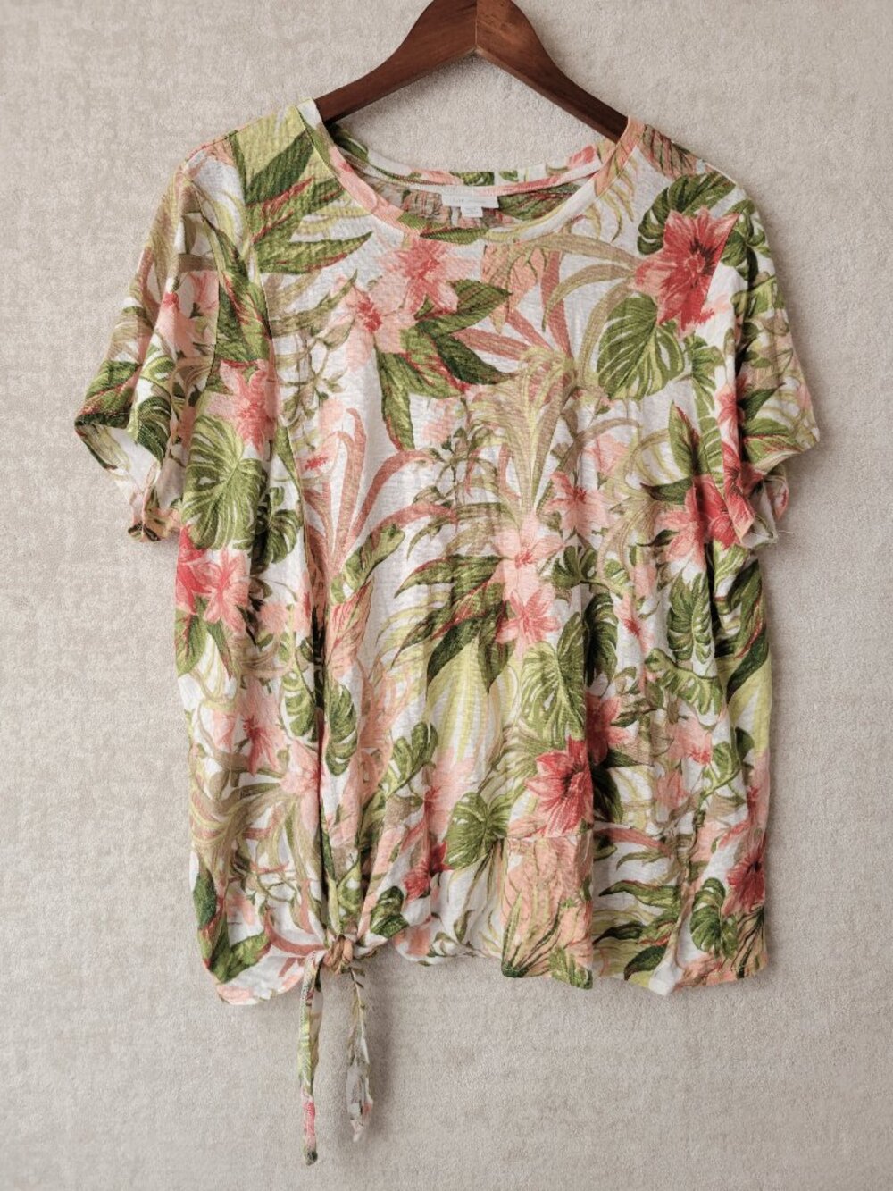 J. Jill Love Linen Tropical Hibiscus Palm Floral Side Tie Top 2X Resortwear Boho